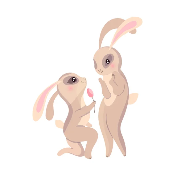 Cute Animals Rabbits Festive Illustration Two Loving Rabbits Funny Characters — Vettoriale Stock