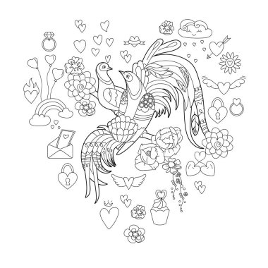 Boyama kitabı için iki güzel kuşla doğrusal çizim yap. Güzel bir çift, stres karşıtı bir resim. Yetişkinler ve çocuklar için çizgi tasarımı Zen-karmaşası tarzı ve renklendirme sayfası