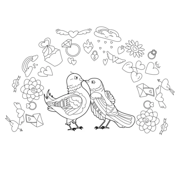 2羽のかわいい鳥で本を着色するための輪郭線イラスト 美しいかわいいカップル 抗ストレス画像 大人や子供のための線画デザイン全角スタイルと着色ページ — ストックベクタ