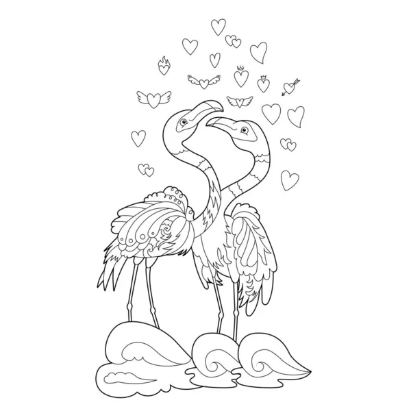 Contour Linear Illustration Coloring Book Two Pretty Birds Beautiful Cute — Image vectorielle