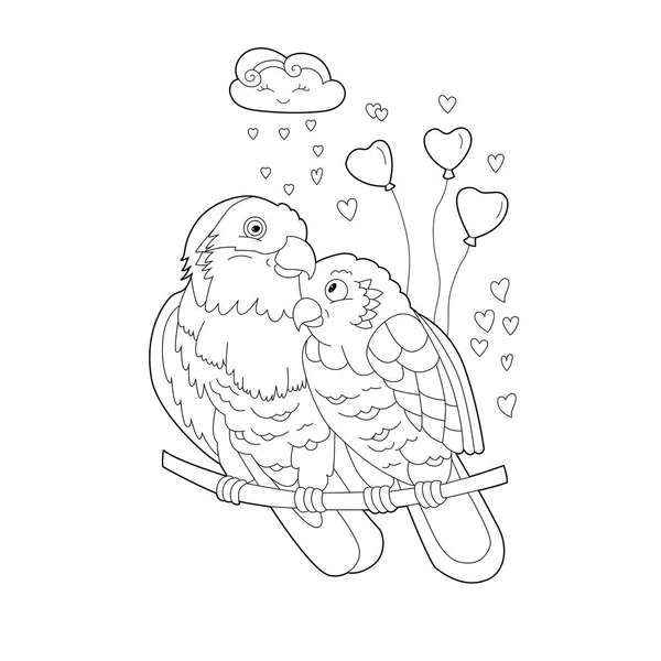 Contour Linear Illustration Coloring Book Two Pretty Birds Beautiful Cute Gráficos Vectoriales