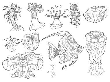 Doğrusal illüstrasyon ekleyin. Boyama kitabı için balık ve okyanus mercanlarıyla dolu. Sevimli nesneler, stres karşıtı resimler. Zentangle tarzı ve boyama sayfasında yetişkin ya da çocuklar için çizgi tasarımı.