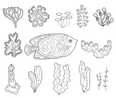 Doğrusal illüstrasyon ekleyin. Boyama kitabı için balık ve okyanus mercanlarıyla dolu. Sevimli nesneler, stres karşıtı resimler. Zentangle tarzı ve boyama sayfasında yetişkin ya da çocuklar için çizgi tasarımı.