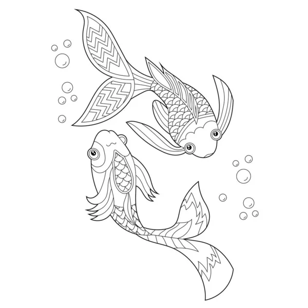 Contour Linear Illustration Two Fishes Coloring Book Cute Objects Stress — Stockvektor