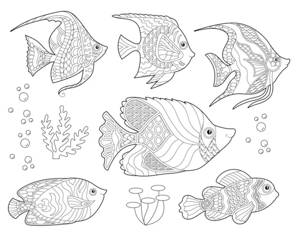 Ilustração Linear Contorno Conjunto Com Peixes Corais Oceânicos Para Colorir —  Vetores de Stock