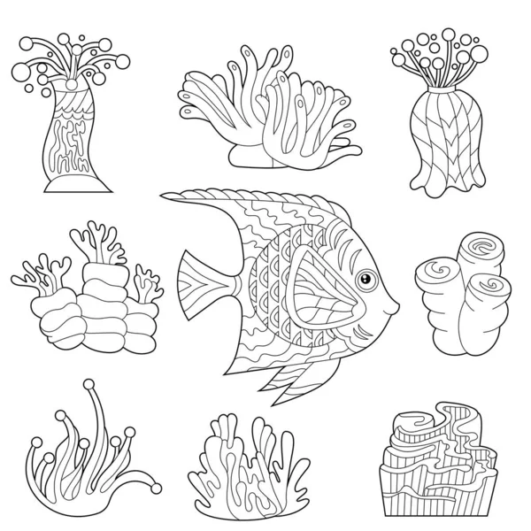 Ilustración Lineal Del Contorno Set Con Peces Corales Oceánicos Para — Vector de stock