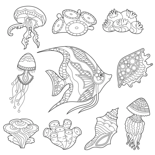 Ilustración Lineal Del Contorno Set Con Peces Corales Oceánicos Para — Vector de stock