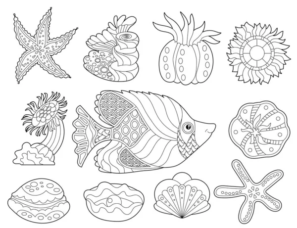 Ilustração Linear Contorno Conjunto Com Peixes Corais Oceânicos Para Colorir —  Vetores de Stock