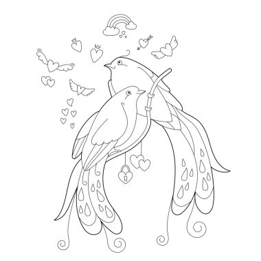 Boyama kitabı için doğrusal çizimleri iki sinekkuşuyla birleştirin. Güzel bir çift, stres karşıtı bir resim. Yetişkinler ve çocuklar için çizgi tasarımı Zen-karmaşası tarzı, dövme ve boyama sayfası