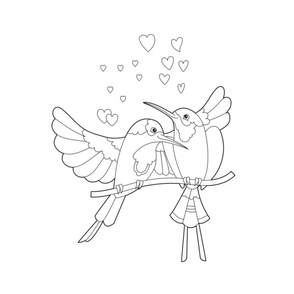 Contour Linear Illustration Coloring Book Two Hummingbirds Beautiful Cute Couple — Image vectorielle