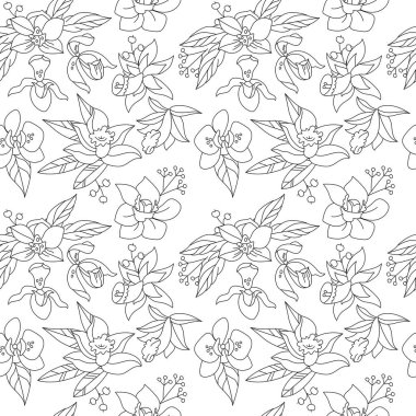 Seamless floral contour pattern with tropic and exotic flowers. Endless monochrome botanical texture for your design.
