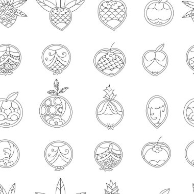 Seamless floral contour pattern with tropic fruits. Endless monochrome botanical texture for your design.