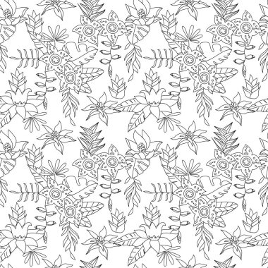 Seamless floral contour pattern with tropic and exotic flowers. Endless monochrome botanical texture for your design.