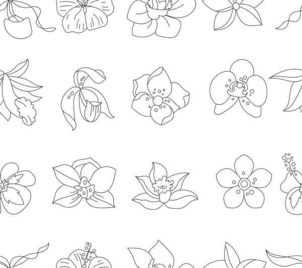 Seamless Floral Contour Pattern Tropic Exotic Flowers Endless Monochrome Botanical — Vector de stock