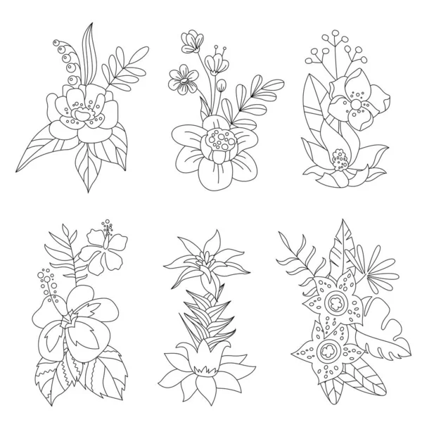 Set Different Exotic Contour Flowers Leaves Collection Botanical Monochrome Elements — Vetor de Stock