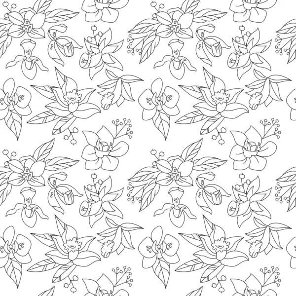 Seamless Floral Contour Pattern Tropic Exotic Flowers Endless Monochrome Botanical Ilustraciones De Stock Sin Royalties Gratis