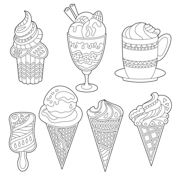 Different Sorts Ice Cream Monochrome Deserts Isolated White Background Coloring — Stock Vector