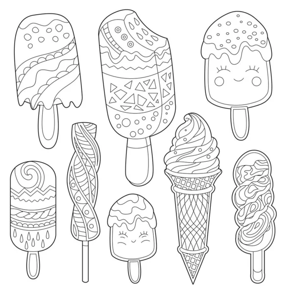 Different Sorts Ice Cream Monochrome Deserts Isolated White Background Coloring — Stock Vector