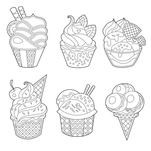 Different Sorts Ice Cream Monochrome Deserts Isolated White Background Coloring — Stock Vector