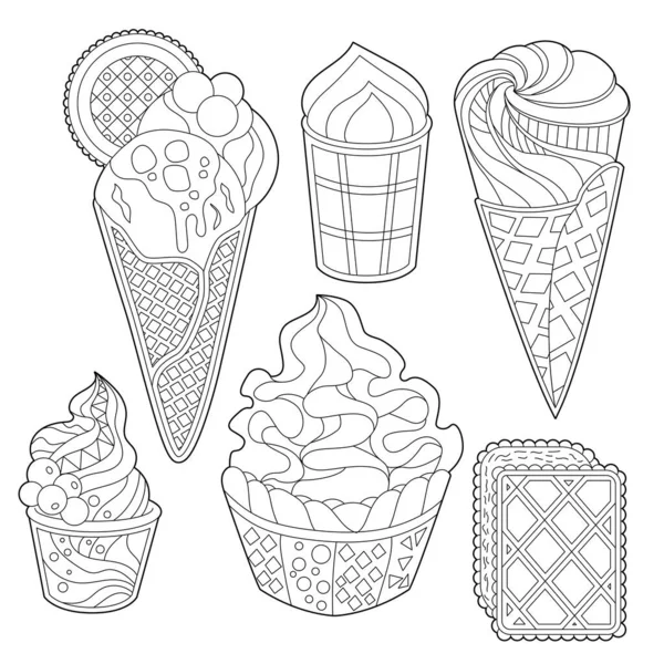 不同种类的冰淇淋 单色沙漠被白色背景隔离 儿童和成年人的彩色书籍风格 — 图库矢量图片