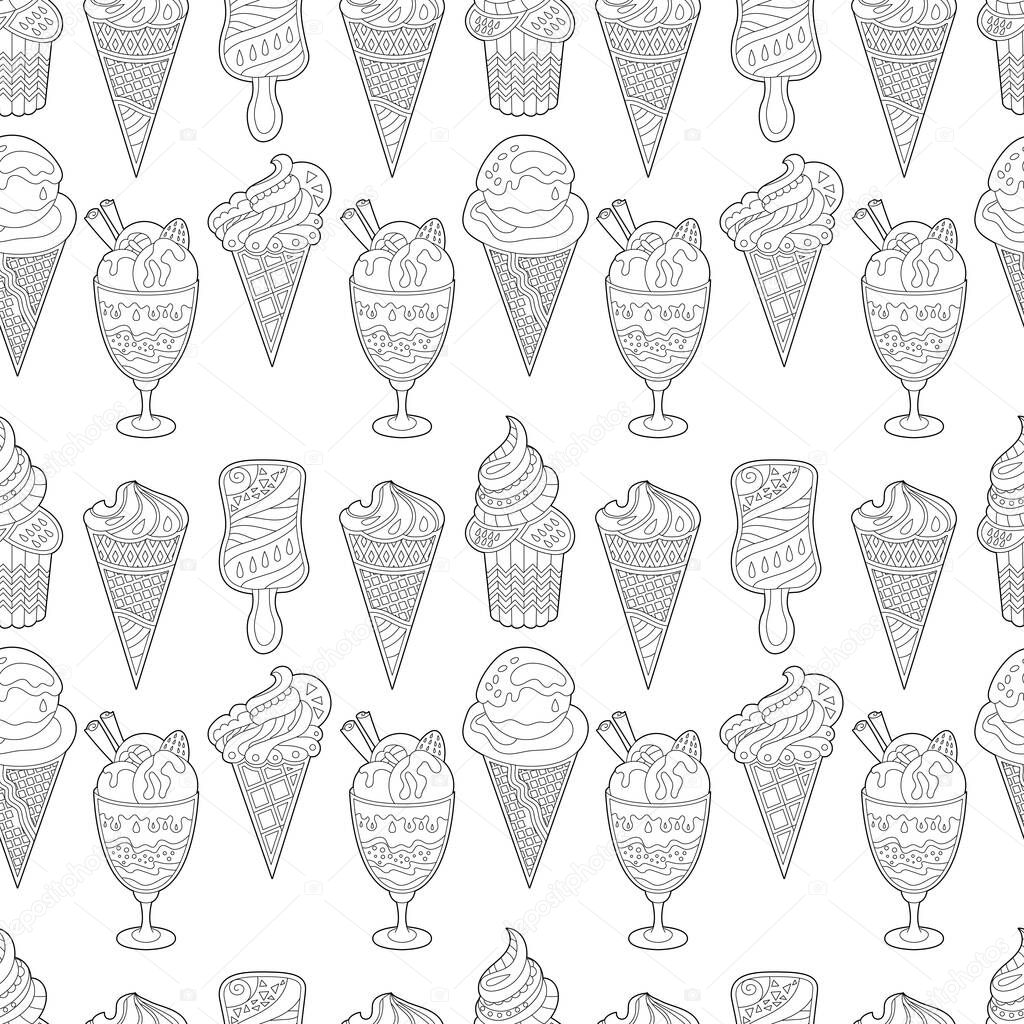 Seamless background with monochrome ice cream cones. Endless texture with different sweet deserts