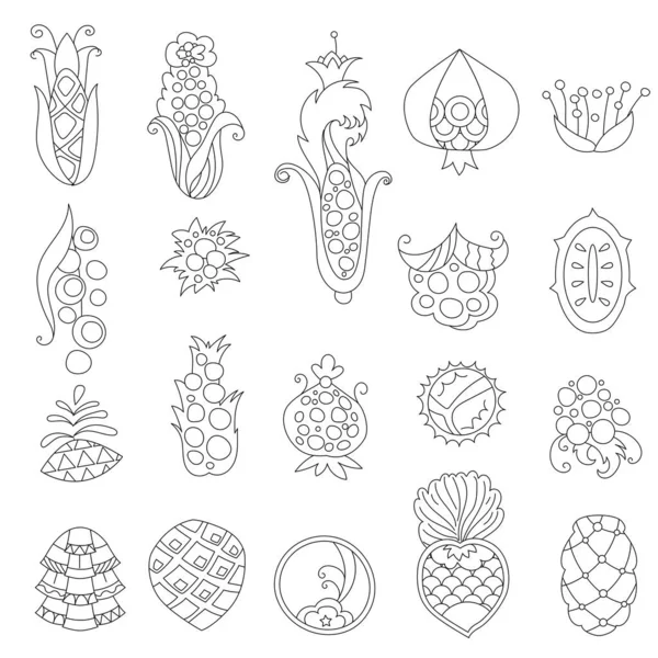 Frutas Tropicais Estilizadas Objetos Isolados Sobre Fundo Branco Ilustração Monocromática —  Vetores de Stock