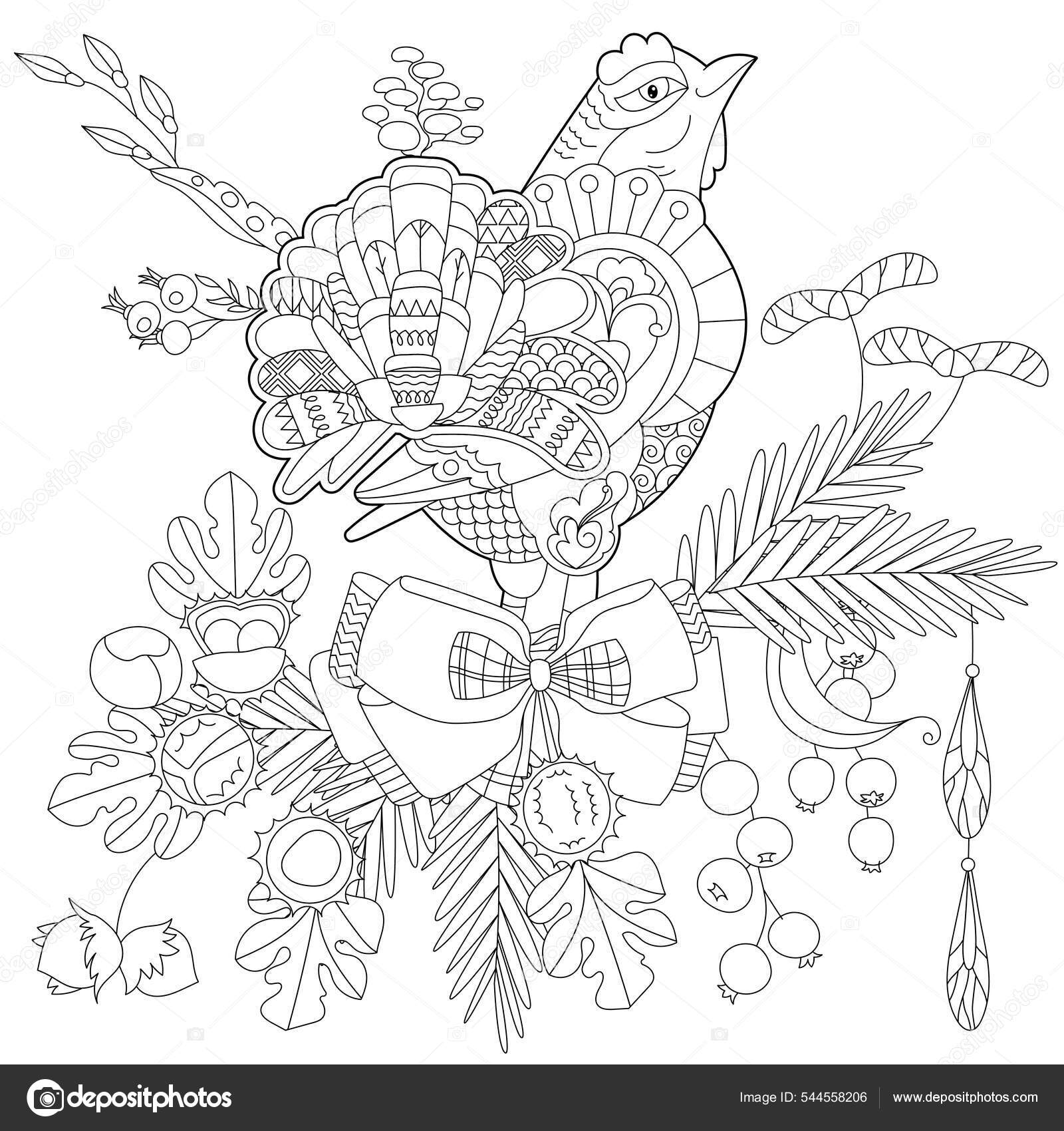 Pássaros e flores. desenho ilustração esboço para livro de colorir adulto.
