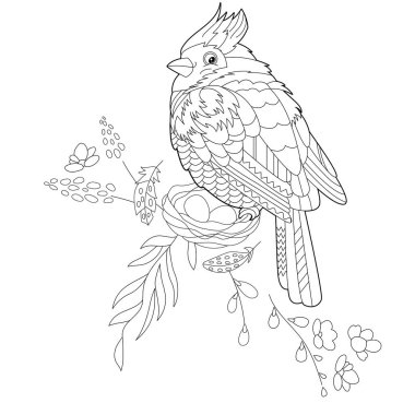Boyama kitabı için doğrusal illüstrasyonu kuşla ve yuvayı çiçeklerle süsleyin. Stres önleyici resim. Yetişkinler ve çocuklar için çizgi tasarımı Zen-karmaşası tarzı, dövme ve boyama sayfası.