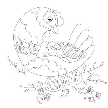 Mevsim tasarımı için geleneksel tavuk ve yumurta. Güzel Paskalya dekoru. Bahar festivali öğeleri. Siyah ve beyaz. Çocuklar ve yetişkinler için zentangle stili el çizimi, dövme.