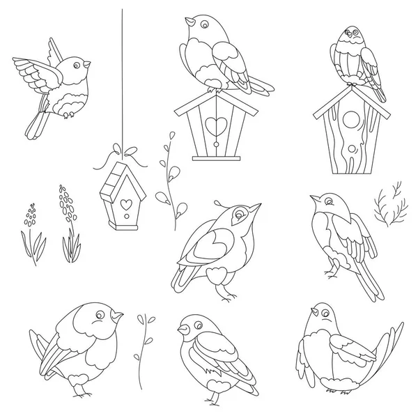 Pássaros Pequenos Tradicionais Casas Pássaros Desenho Estação Bonita Decoração Páscoa — Vetor de Stock