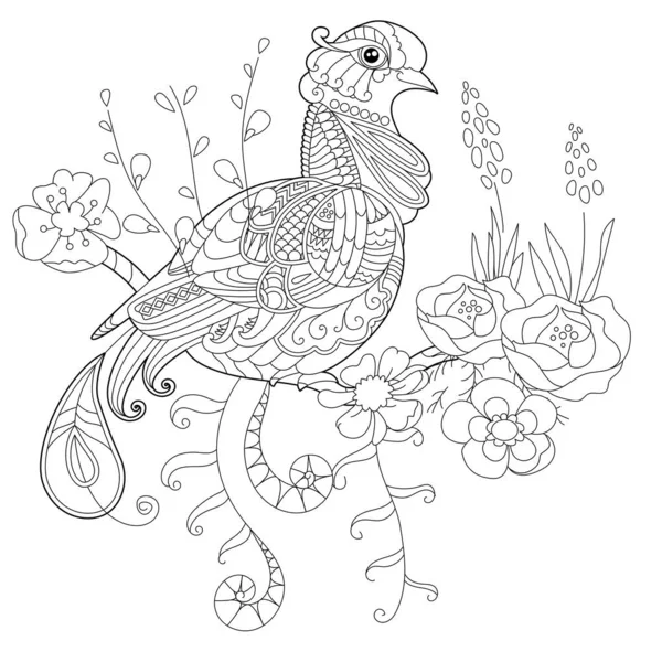 花の楽園の鳥と本を着色するための輪郭線イラスト 熱帯鳥 抗ストレス画像 大人や子供のための線画のデザイン 角のスタイル 入れ墨と着色のページ — ストックベクタ