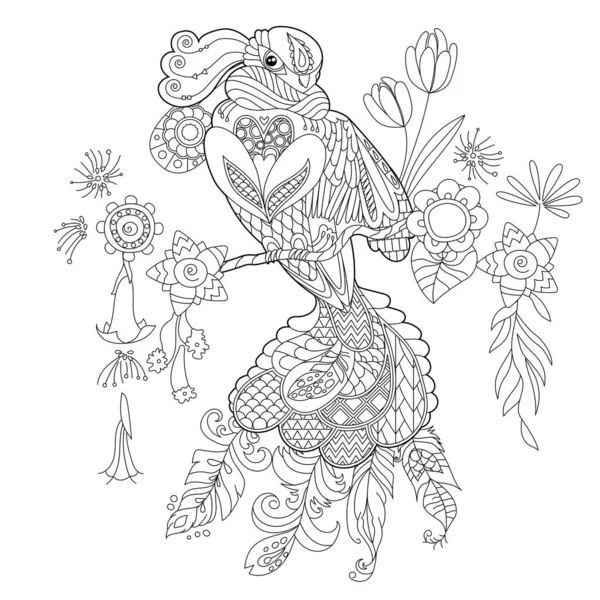 Контурна Лінійна Ілюстрація Розмальовки Книги Райськими Птахами Квітах Тропічний Птах — стоковий вектор