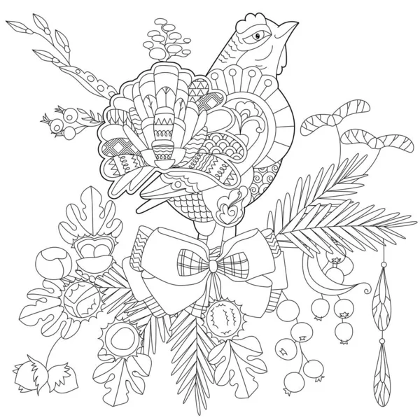 Ilustración Lineal Del Contorno Para Colorear Libro Con Pájaro Bosque — Vector de stock