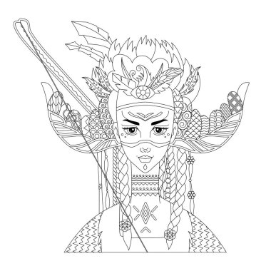 Boyama kitabı için kadın portresiyle doğrusal illüstrasyon oluşturun. Güzel genç kadın yüzü. Yetişkinler ve çocuklar için çizgi tasarımı Zen-karmaşası tarzı, dövme ve boyama sayfası