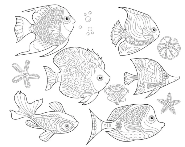 Ilustración Lineal Del Contorno Set Con Peces Corales Oceánicos Para — Vector de stock