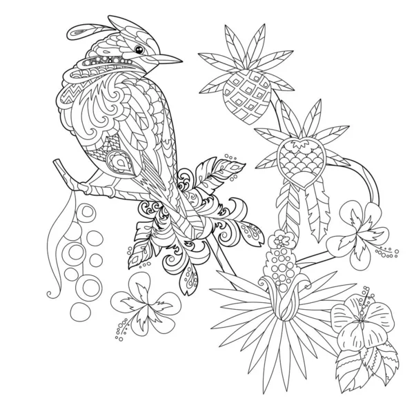 花の楽園の鳥と本を着色するための輪郭線イラスト 熱帯鳥 抗ストレス画像 大人や子供のための線画のデザイン 角のスタイル 入れ墨と着色のページ — ストックベクタ