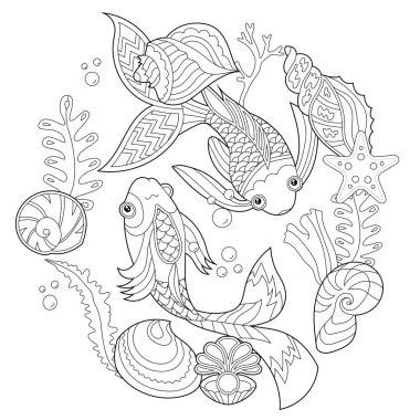 Doğrusal illüstrasyon ekleyin. Boyama kitabı için balık, yosun ve okyanus mercanları. Sevimli nesneler, stres karşıtı resimler. Zentangle tarzı ve boyama sayfasında yetişkin ya da çocuklar için çizgi tasarımı.