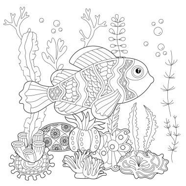 Doğrusal illüstrasyon ekleyin. Boyama kitabı için balık, yosun ve okyanus mercanları. Sevimli nesneler, stres karşıtı resimler. Zentangle tarzı ve boyama sayfasında yetişkin ya da çocuklar için çizgi tasarımı.