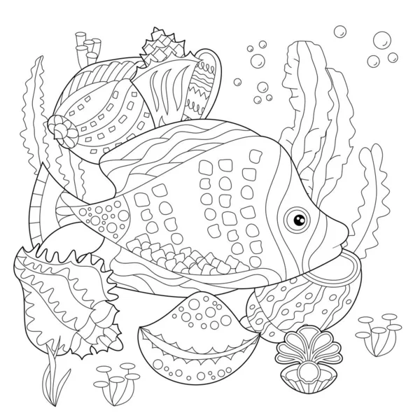 Contour Linear Illustration Fish Seaweeds Ocean Corals Coloring Book Cute — Stock Vector