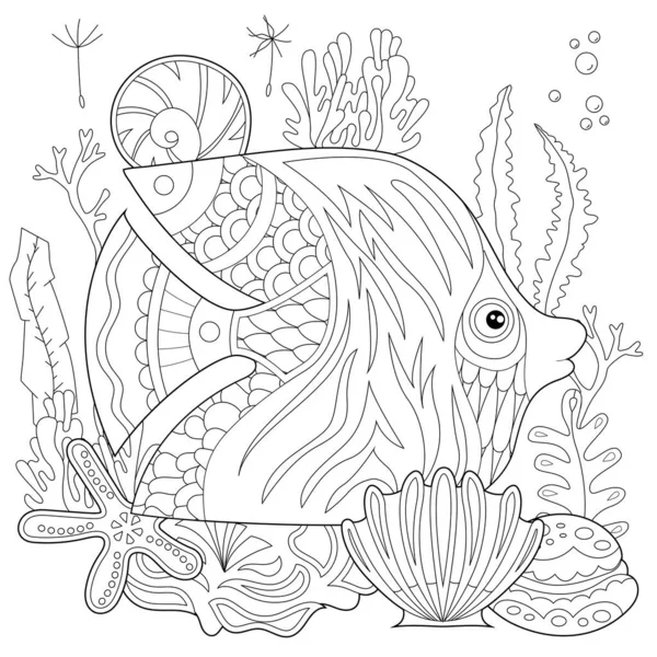 Contour Linear Illustration Fish Seaweeds Ocean Corals Coloring Book Cute — Stock Vector