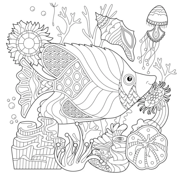 Γραμμική Απεικόνιση Περιγράμματος Ψάρια Φύκια Και Ωκεάνια Κοράλλια Για Βιβλίο — Διανυσματικό Αρχείο