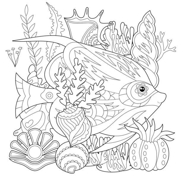 Ilustración Lineal Del Contorno Peces Algas Corales Oceánicos Para Colorear — Vector de stock