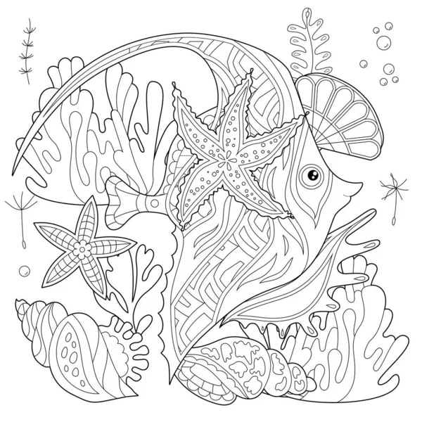 Contour Linear Illustration Fish Seaweeds Ocean Corals Coloring Book Cute — Stock Vector