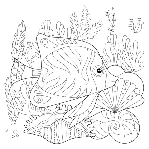 Konturlineare Illustration Fische Algen Und Korallen Als Malbuch Niedliche Objekte — Stockvektor