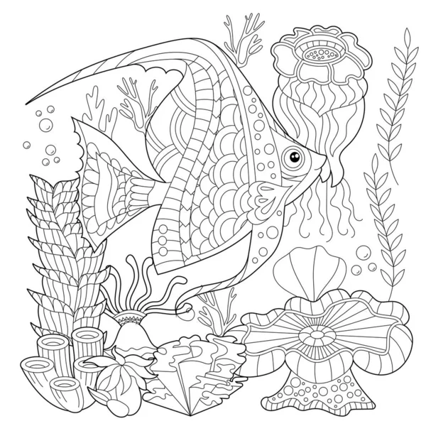 Konturlineare Illustration Fische Algen Und Korallen Als Malbuch Niedliche Objekte lizenzfreie Stockvektoren