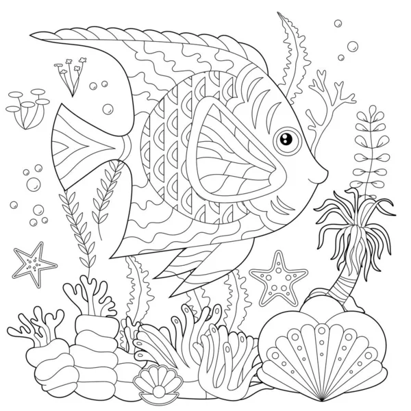 輪郭線のイラスト 本を着色するための魚 海藻や海のサンゴ かわいいオブジェクト 抗ストレス画像 大人や子供のためのラインアートデザインは ゼンタングルスタイルと着色ページで ベクターグラフィックス