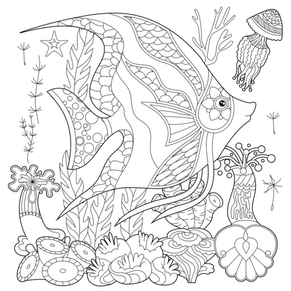 Contour Linear Illustration Fish Seaweeds Ocean Corals Coloring Book Cute Royalty Free Stock Vectors