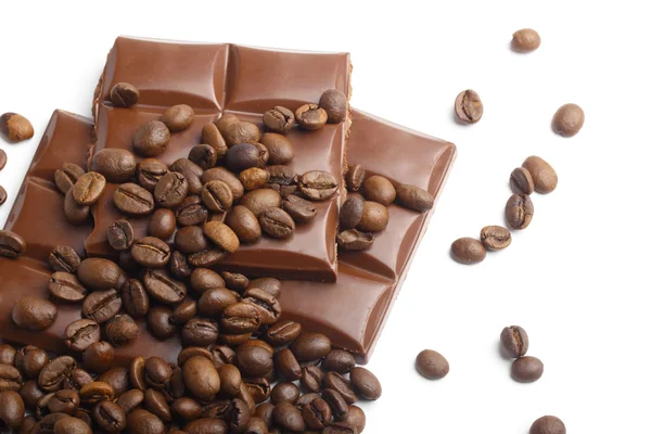 Esquina de chocolate y granos de café — Foto de Stock