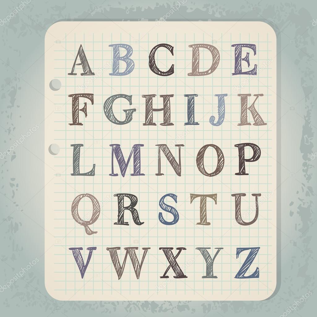 Hand drawn abc letters on wintage notepad background