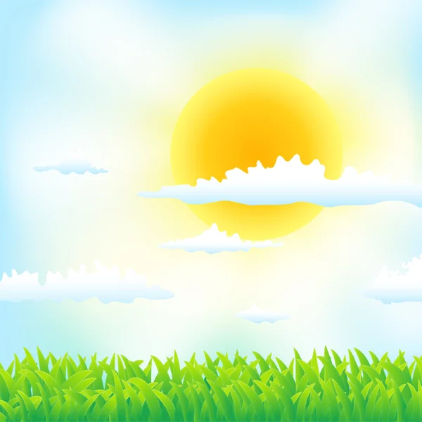 Spring background with grass, sun and clouds — Stock Vector